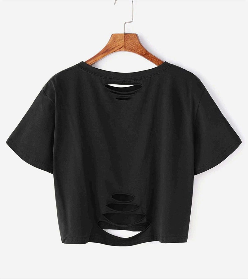 SweatyRocks Women's Summer Short Sleeve Tee Distressed Ripped Crop T-shirt Tops Black S - Image 2
